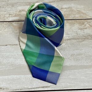 Express Y2K Mens Silk Skinny Tie Spring Summer   Green Blue Buffalo Check Easter